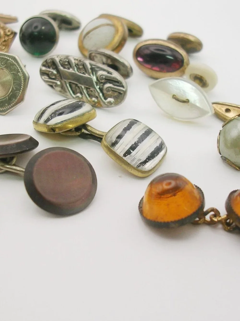Antique Cufflinks Lot 19 SINGLE gold plate Mother of Pearl Gemstones double side